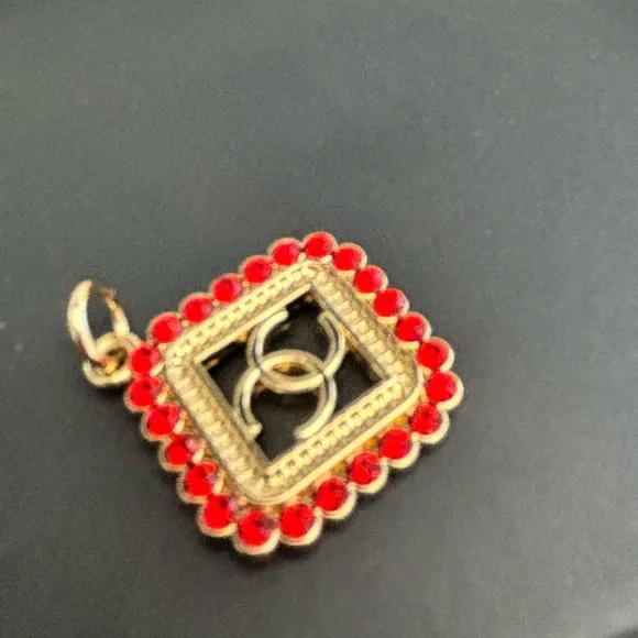 Upcycled CC Chanel Gold & Red Rhinestone Charm, Zipper Pull, Necklace 16 in. - Picture 6 of 7